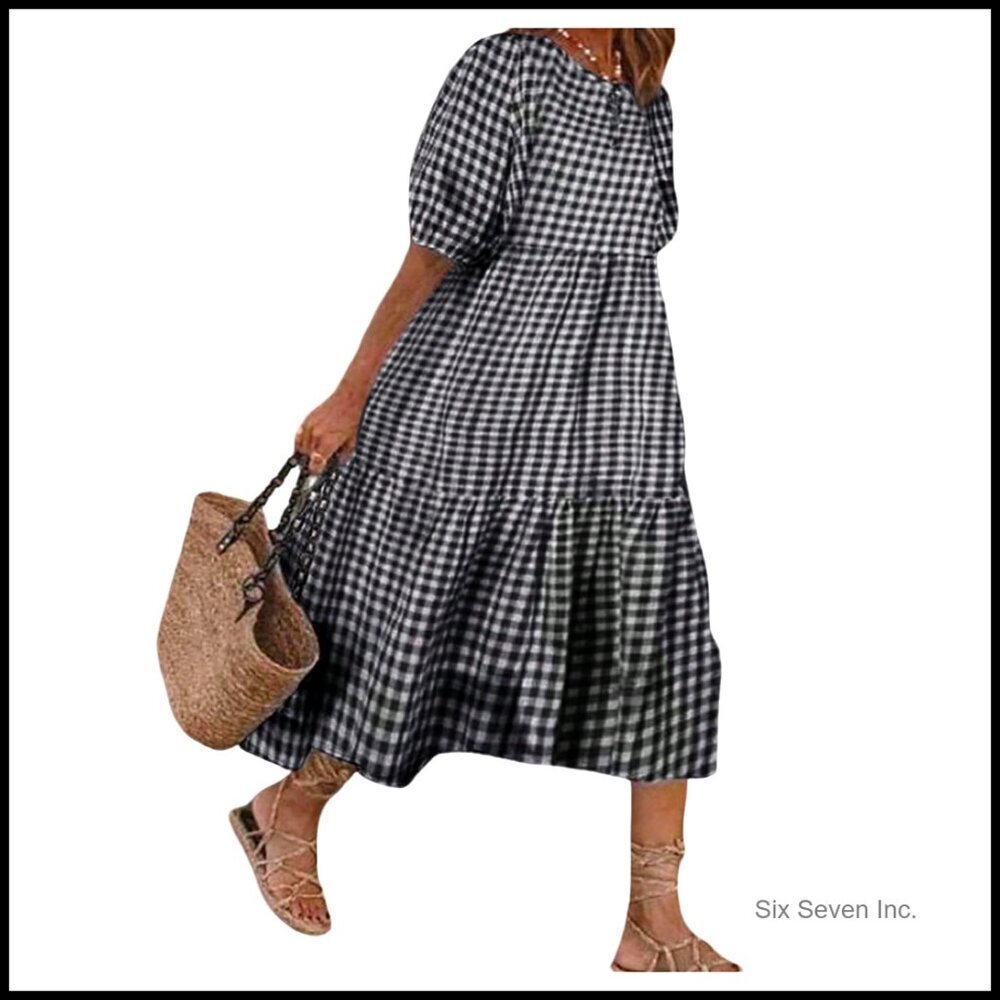 Flowy Gingham Sundress Puff Sleeve Crew Neck Midi Tiered Elegant Summer Dress